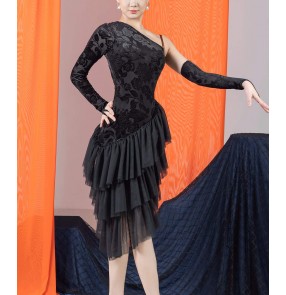 Women black rose velvet latin dance dresses slant neck one shoulder salsa rumba chacha ball music party dancing cosutmes